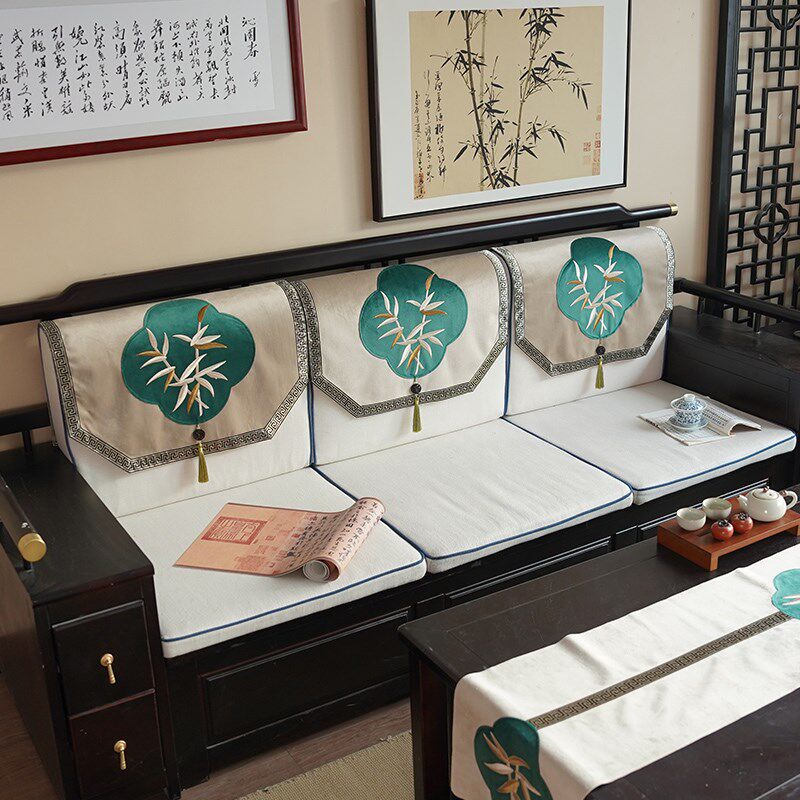 新中式沙发巾中国风竹子刺绣家用防尘盖布高N档轻奢客厅沙发靠背