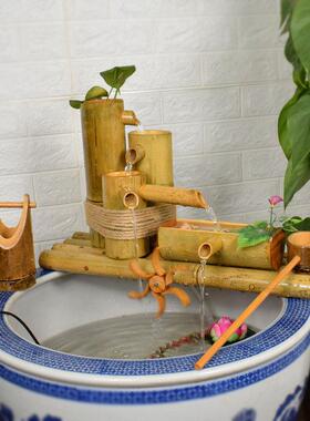 竹水子流盆水摆件鱼竹筒过滤车造景FOZ鱼缸氧永动循环喷泉竹流水
