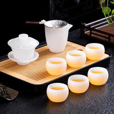 国风琉璃茶套具茶杯玉瓷公个室办会客性琉璃带茶功夫茶具白玉盖碗