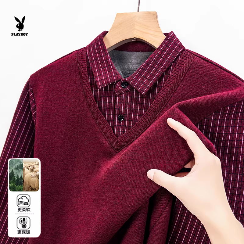 花花公子男士假两件条纹V领针织衫黑灰色保暖毛衣可机洗休闲风