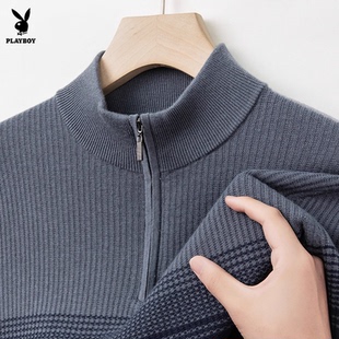 花花公子100%绵羊毛立领拉链针织衫男加厚保暖毛衣2025年秋季内搭
