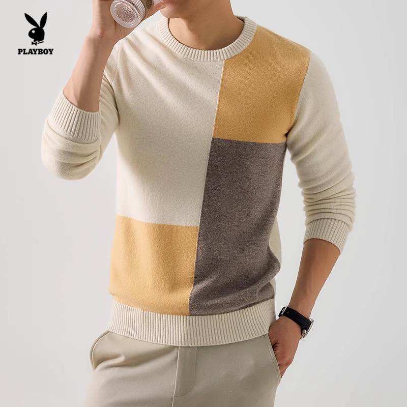 花花公子男士100%绵羊毛撞色拼接圆领针织衫休闲毛衣