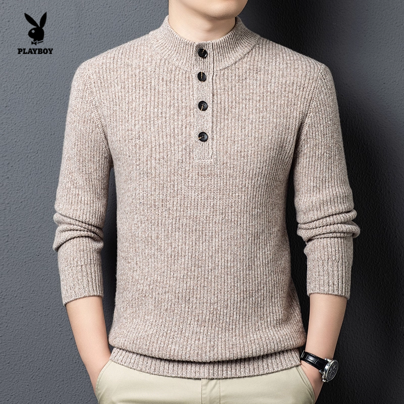 花花公子立领绵羊毛衫男休闲保暖针织衫亨利领毛衣