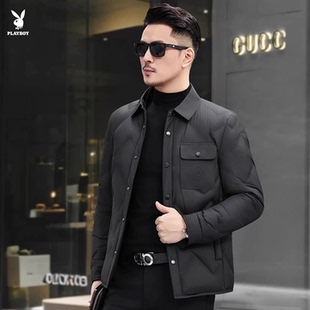 花花公子菱格纹翻领夹克 秋冬男士商务休闲保暖外套常规款羽绒服