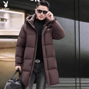 花花公子棕色长款连帽羽绒服 冬季男士保暖外套90%绒子含量休闲风