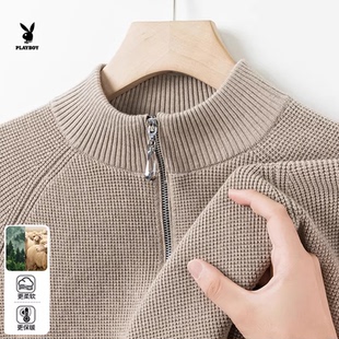 新款 PLAYBOY男士 保暖毛衣2025秋冬季 长袖 黑色半拉链立领针织衫