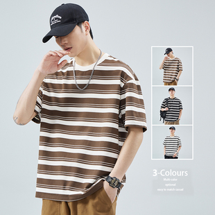 花花公子2026年圆领短袖T恤男条纹休闲百搭男款港风潮牌小众上衣