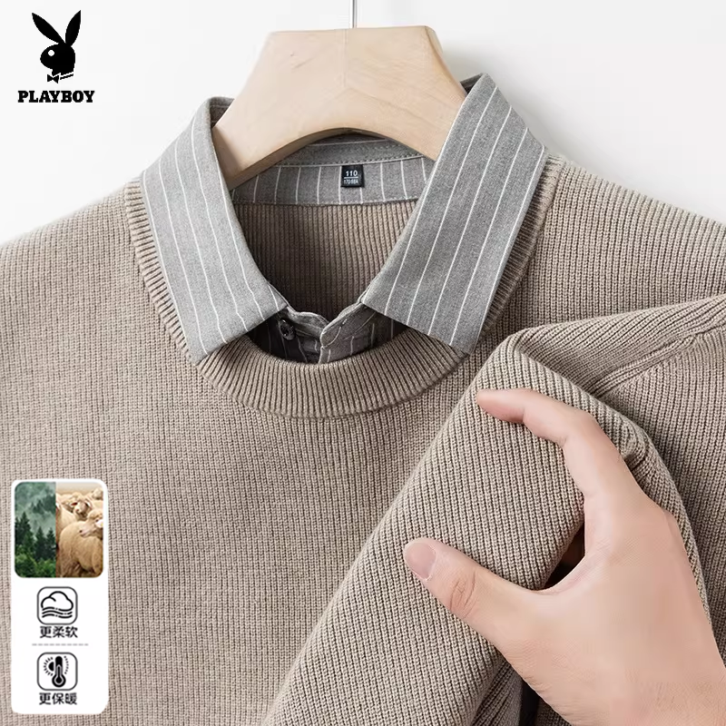 花花公子秋冬针织衫毛衣男士假两件衬衫领加绒保暖长袖秋冬新款