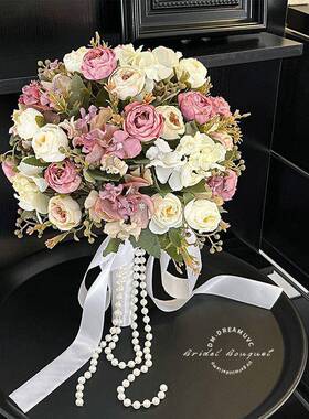 娘手捧花DIY新花结婚LQL领拍照道证具仿真花高级一玫瑰花假花件包