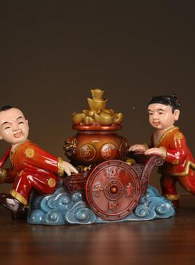 黄铜运摆财童子推车挑财送财件OBX贵人家居饰开业招礼装品
