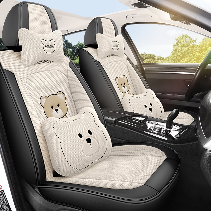 汽车座套原创后座一体坐垫u四季全包座椅垫卡通可爱亚麻坐套皮车