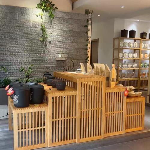 茶叶店中岛架流水台展示桌实木阶梯式置物货架中式展会产品陈列柜