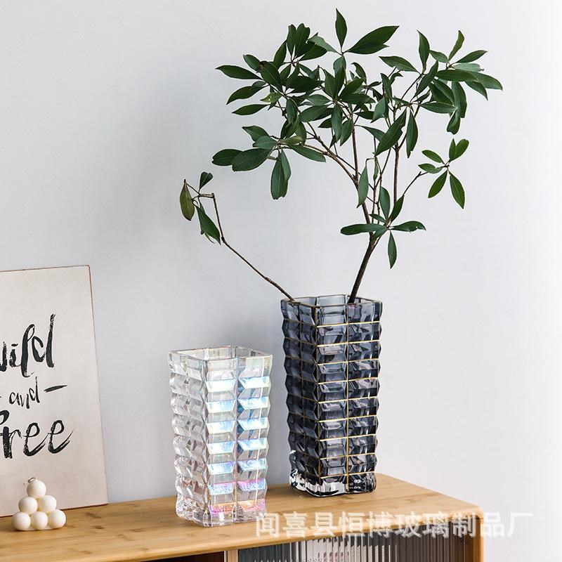 方形轻奢彩色伯爵水晶玻璃花x瓶水培植物鲜花客厅桌面餐桌创意花