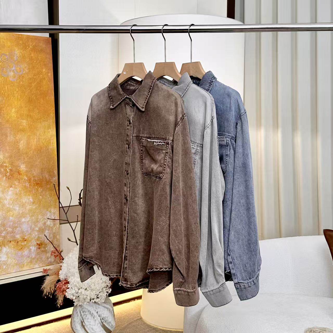 【妍妍】复古洗水休闲宽松牛仔衬衫ONSC211636209