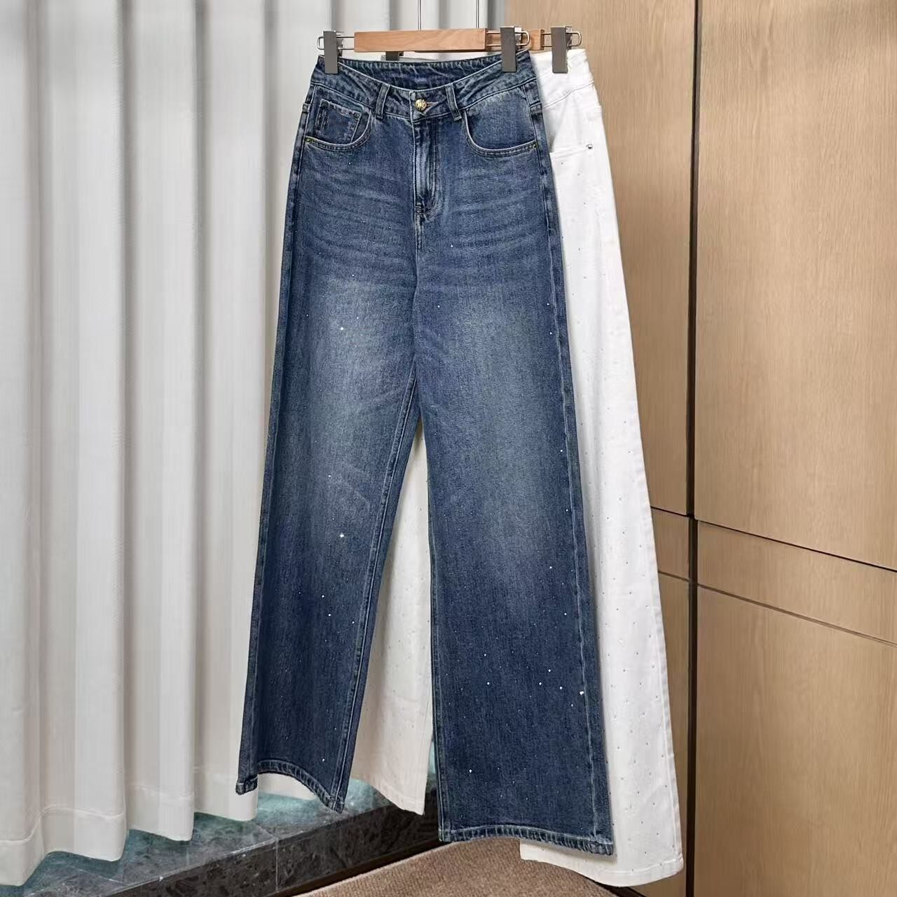 【妍妍粉丝专享】春季新款烫钻刺绣直筒牛仔裤阔腿裤ONKN01615963