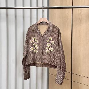 女长袖 刺绣格子衬衫 26春季 翻领上衣ONWJ04626018 妍妍粉丝专享