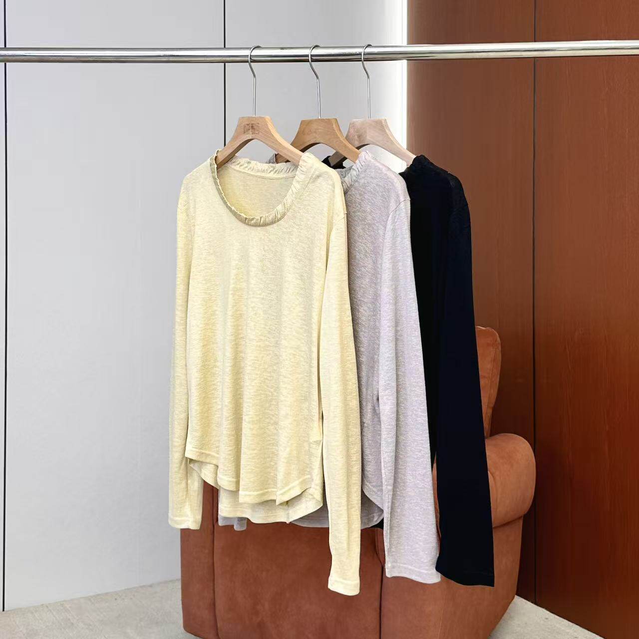 【妍妍粉丝专享】26新款透气亲肤木耳边领长袖T恤ONST156636147