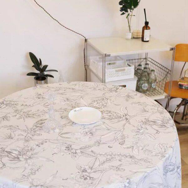 线描花鸟印花复古气质桌布棉麻网红碎花装饰布料背景布窗帘竹节布