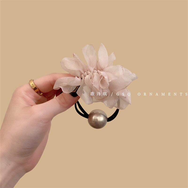 优雅网纱褶皱g花朵头绳2025新款高级感珍珠发圈温柔气质扎马尾皮