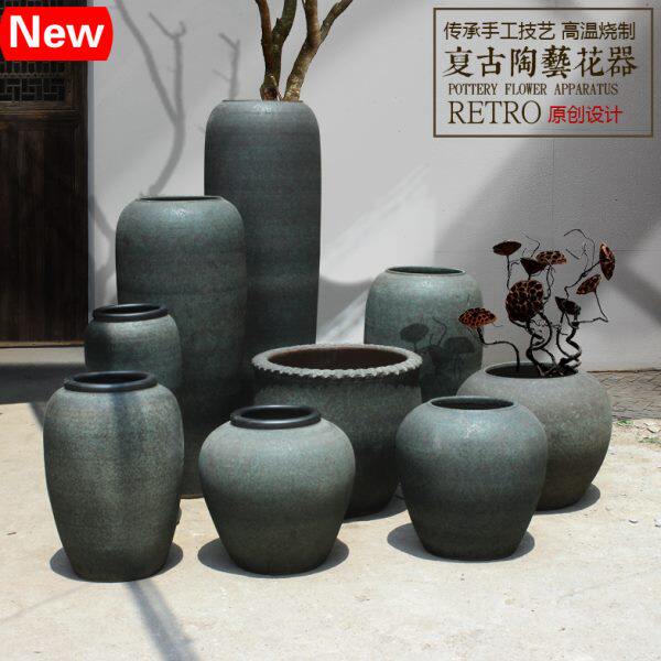 禅意复古粗陶落地花瓶干支陶瓷罐插花器花盆橱窗摆件工艺品缸坛子