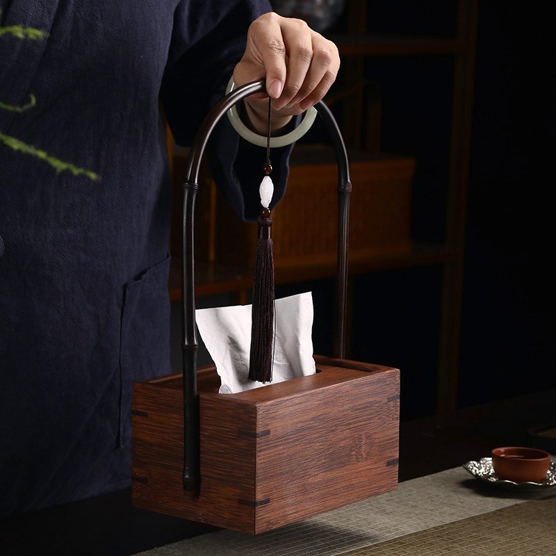 高端手提竹d制纸巾盒新中式抽纸盒收纳盒茶室饭店酒店办公餐巾纸