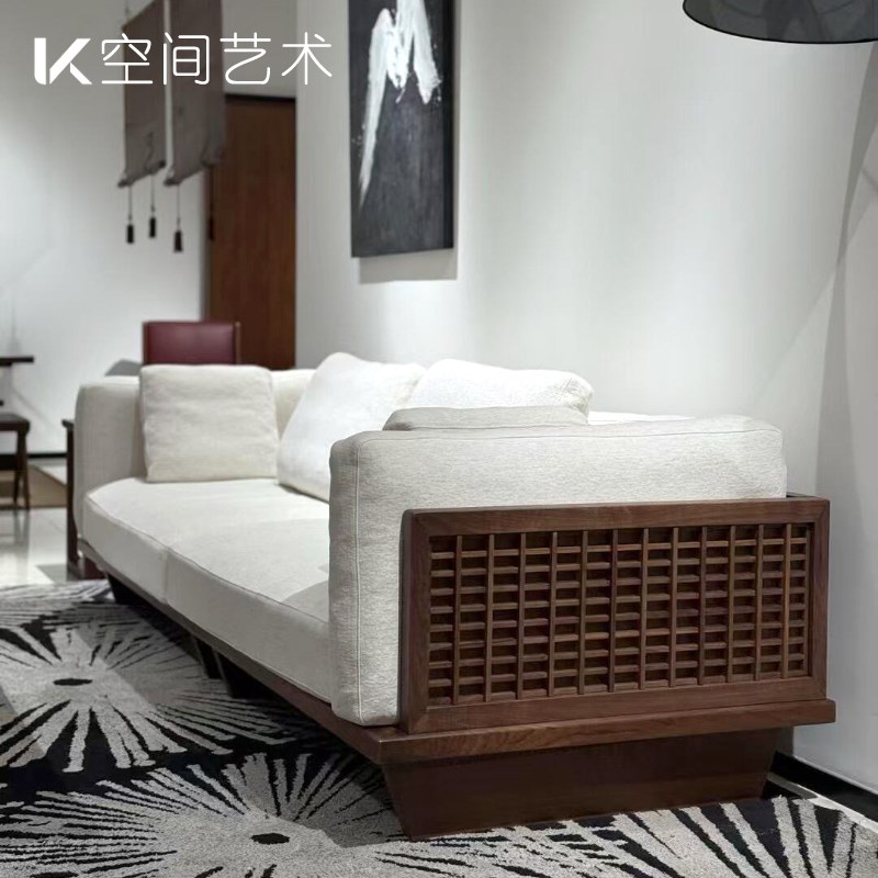 新中式实木沙发宋式美学黑胡桃棉麻直排F沙发大小客厅2025新款家