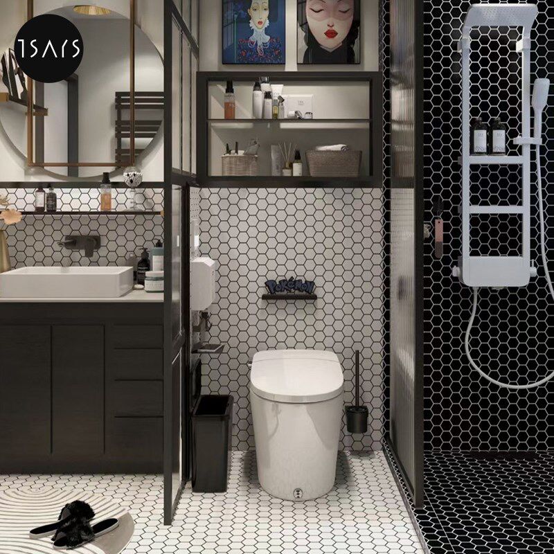 北欧风黑白灰地砖厨房墙t砖复古浴室背景墙瓷砖六角马赛克防滑