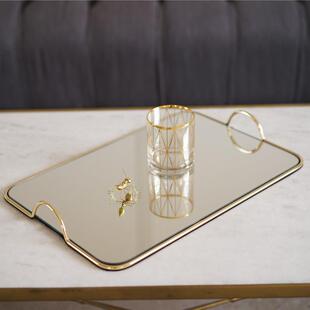 ins北欧摆装网红金边镜面玻璃托盘轻铁奢艺收纳盘客厅托盘014置物