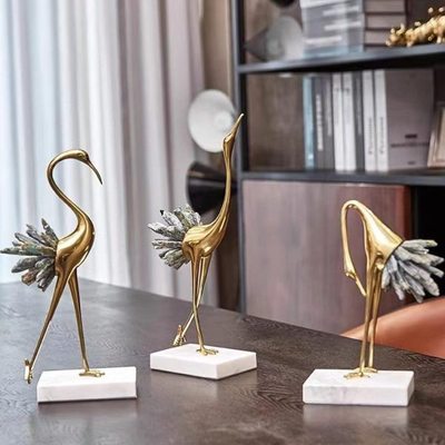 新中式仙鹤铜大理石摆件样板间白水晶软装饰品后现桌面装饰