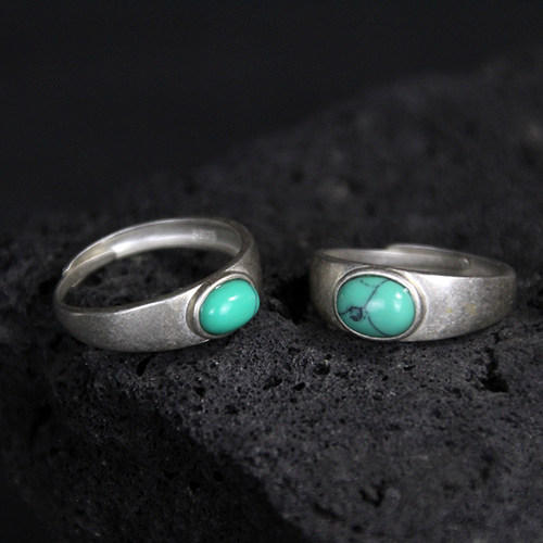 蒙族戒指925银k手工制作情侣对戒光面镶嵌绿松石蒙古银指环活口