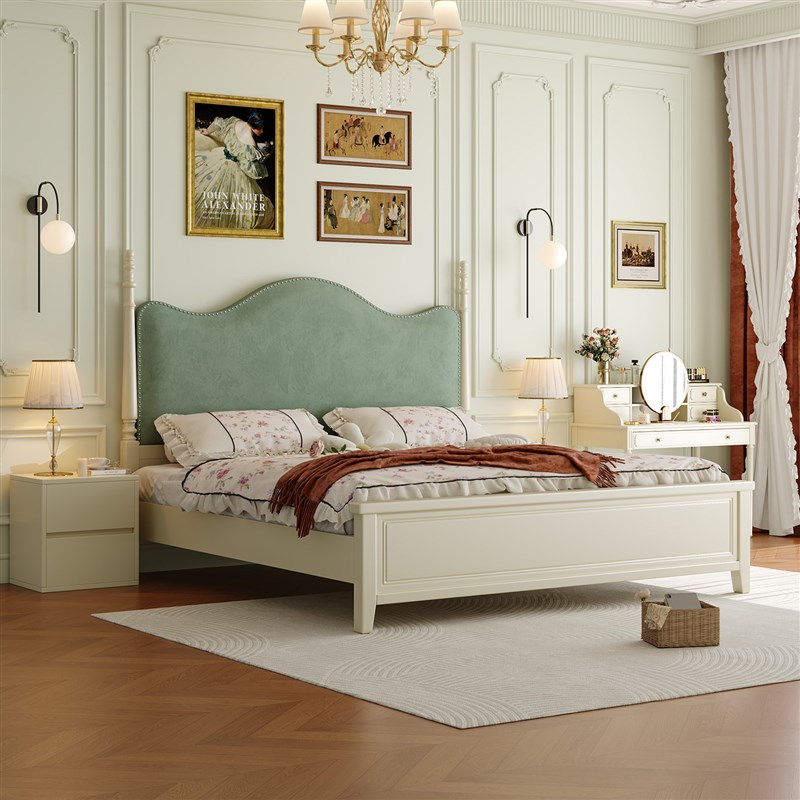 欧式实木床覆古布艺软包床次卧y高端单人床1米5新款元宝床头家用