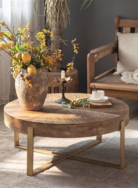 侘寂风客厅沙发实木茶几民宿复古做旧网红小圆桌小户型家居边角几