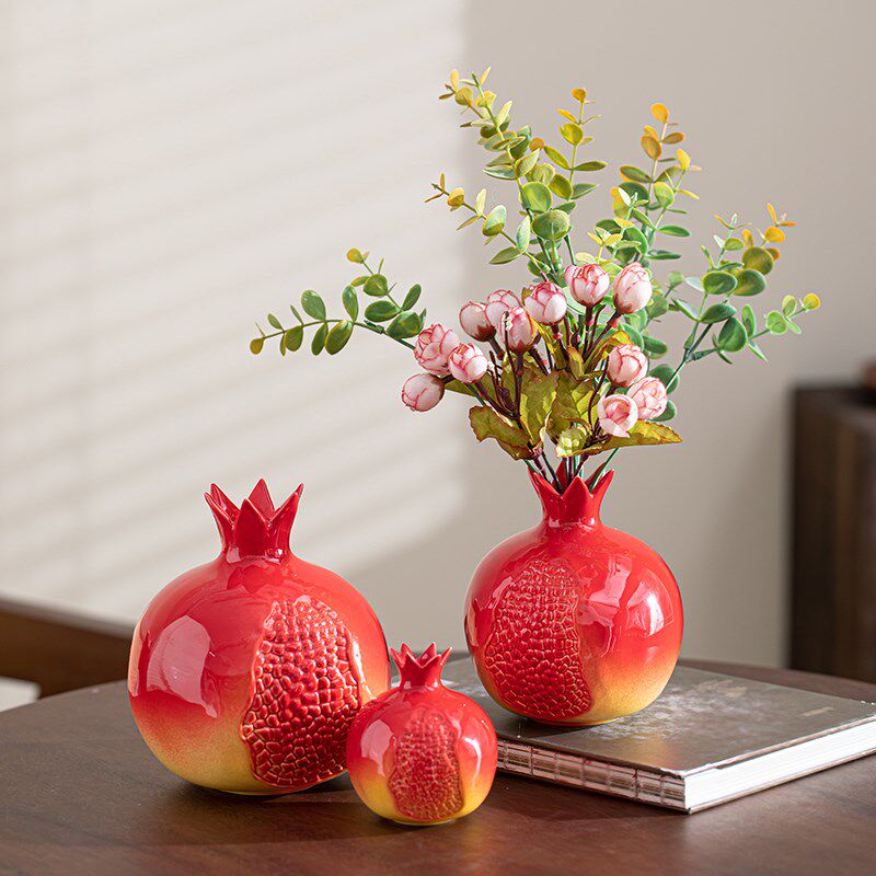 红色陶瓷石榴花瓶仿真家居茶室饰品客厅插花中式摆件干插花花器