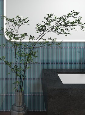 蓝绿色长条马赛克弧度墙面瓷砖店面腰线吧台背景墙隔断墙15X145砖