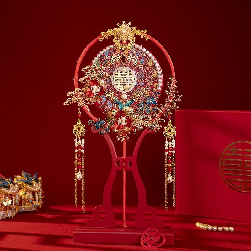 舞绣缘团扇结婚新娘红色秀禾喜扇diy材料成品高级简约新娘手捧花