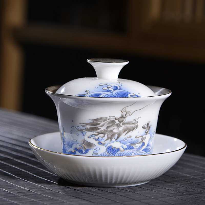 陶瓷鎏银手绘盖碗茶杯鎏银陶瓷功夫三才银盖碗家用大号茶盏泡茶碗