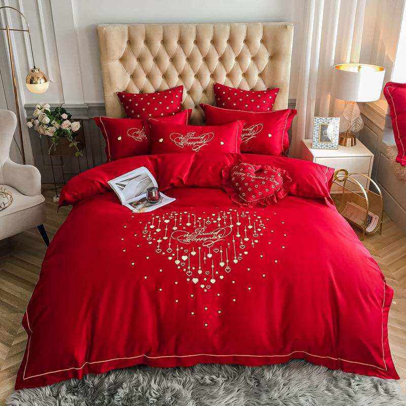 【热销】婚庆四件套纯全棉大红色结婚床上用品套件婚礼刺绣被套