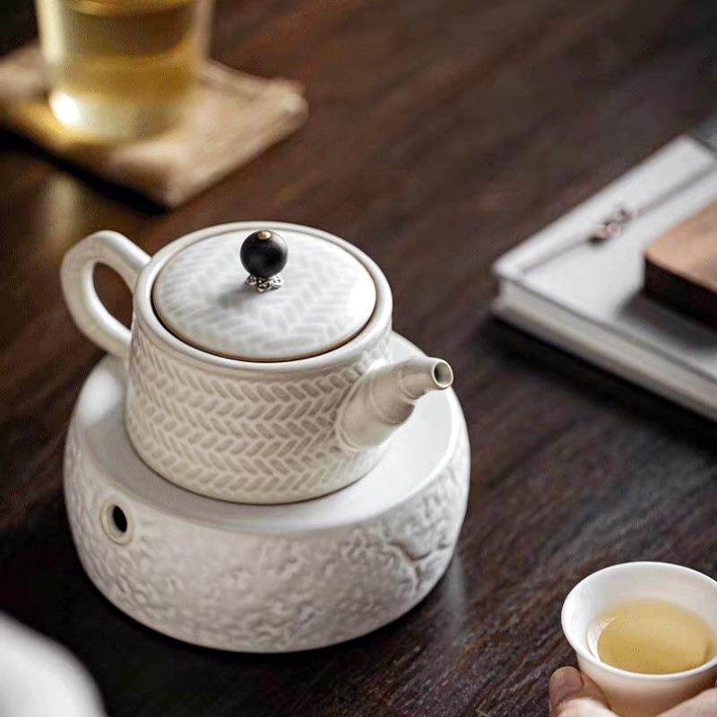 复古风手工茶壶茶具陶瓷泡茶壶家用单壶过滤孔竹编纹泡茶器壶承