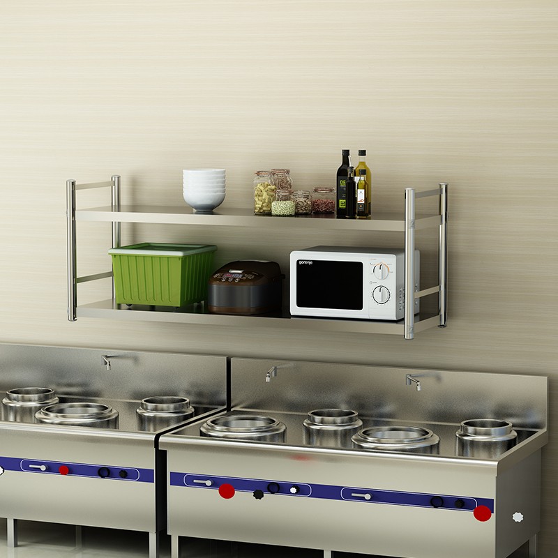 厨房壁挂置物架带围栏不锈钢挂墙两三层架子饭店上U墙收纳吊架定