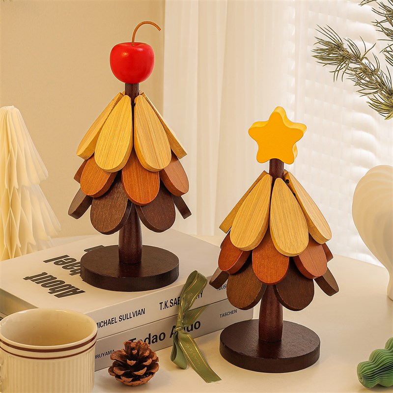 高级感圣诞树隔热垫餐桌摆件创意一棵树实木防P烫锅垫折叠杯垫碗