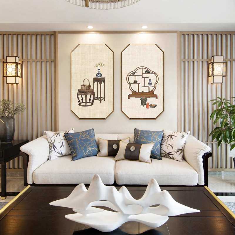 禅意新中式八边形装饰画餐厅茶室挂画古典花瓶茶壶荷花中国风代发