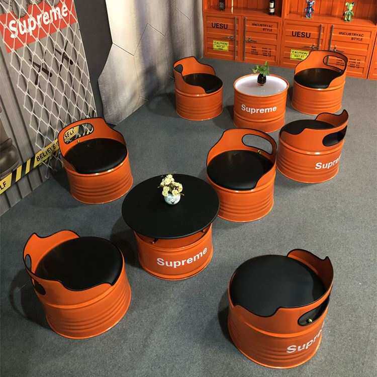 工业风油桶 休息区铁艺茶几桌椅组合 酒吧奶茶店办公室创意沙发