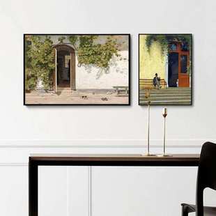 丹麦画家马蹄纳斯罗白装饰画一家旅馆入口油画客厅沙发背景挂画