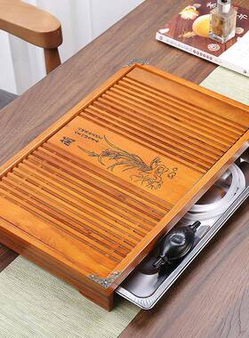 沥实木小茶茶盘长方功夫茶具形水BXG43285盘抽屉式不锈钢接水托盘