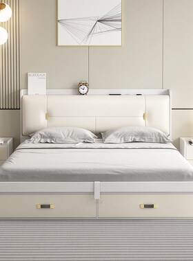 白色无障碍豪华气动高盒子收纳床现代简单卧室收纳小公寓T1.38米