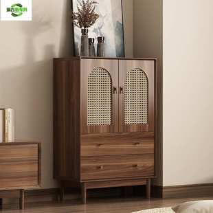 新中式客厅收纳柜斗柜复古藤编实木腿置物柜卧室靠墙储物柜