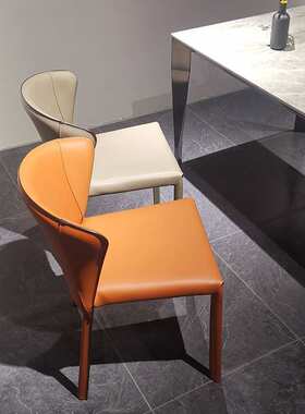 马鞍皮餐椅意式极简北欧设计师酒店售楼部橙色厚皮椅子