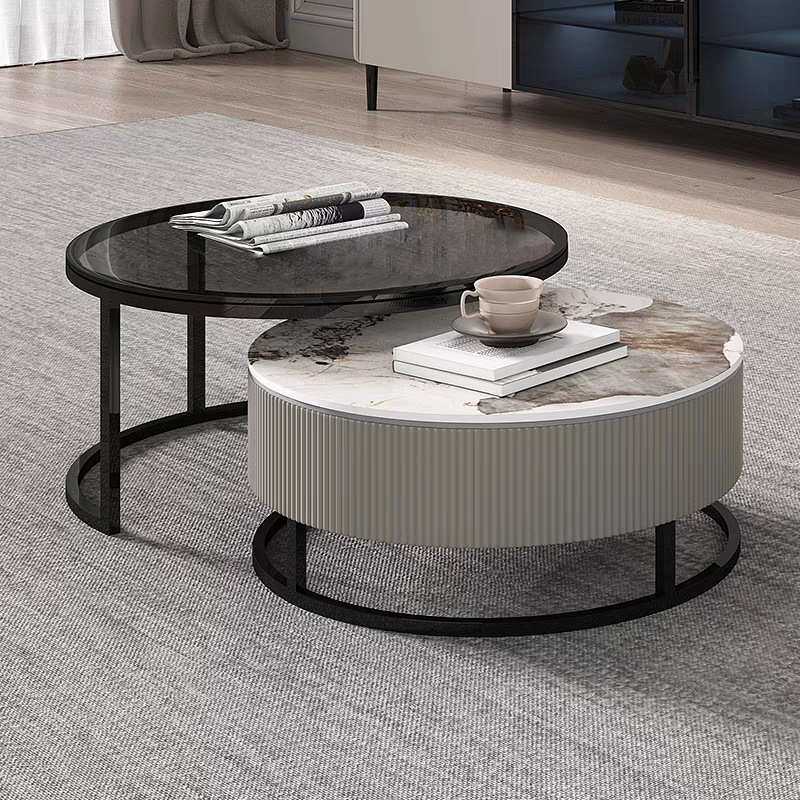 意式岩板电视柜茶几组合小户型客厅高度大小圆玻璃茶视听柜组合