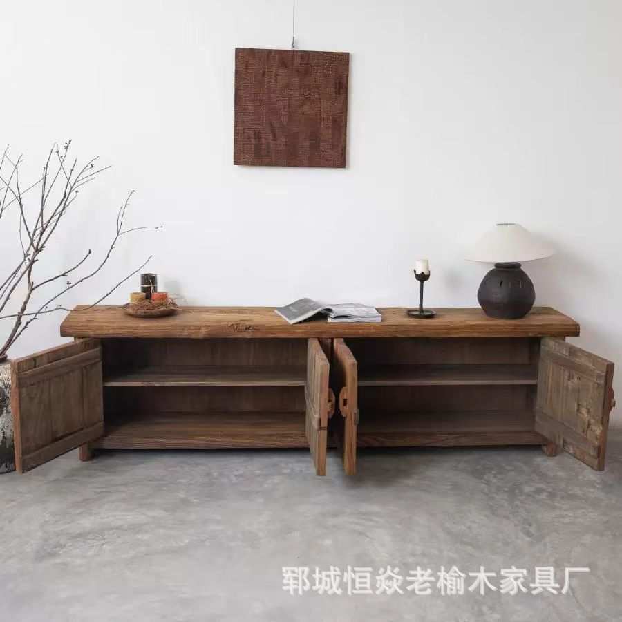 老榆木电视柜复古落地式矮柜双开门储物柜长方形榆木收纳柜子
