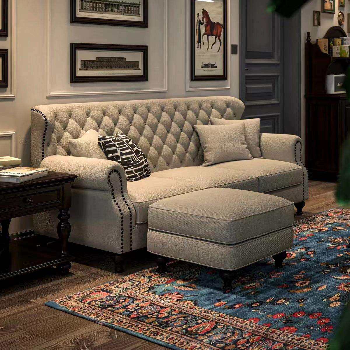 美式轻奢布艺沙发复古小户型棉麻拉扣组合单人三人位直排沙发